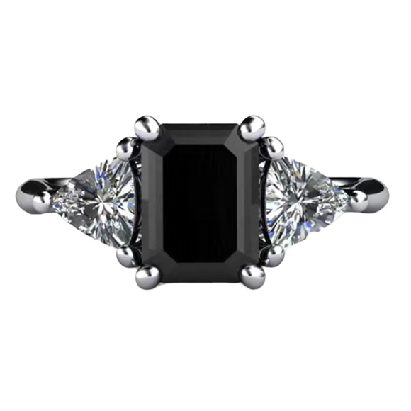 Black Square Stone with Heart Zircon Stones Silver Ring - Picture 1 of 7